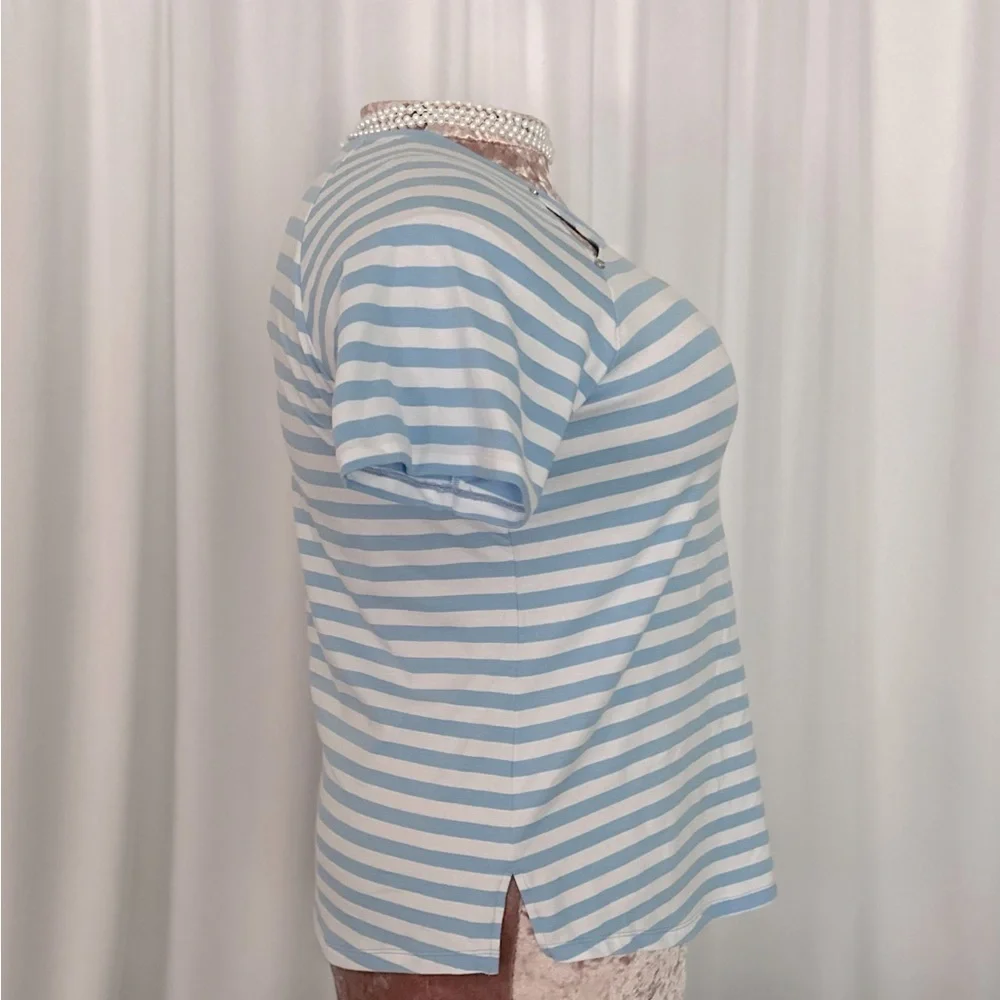 Michael Kors Short Sleeve White and Blue Stripe Women's Shirt (675)